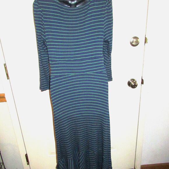 Anthropologie Maeve Flores Green Blue Ribbed Striped V neck Midi Dress Large - Picture 5 of 7